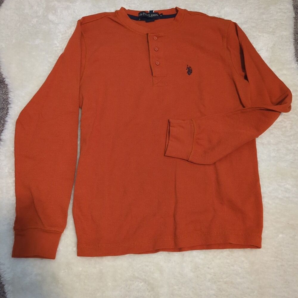 U.S. POLO ASSN. SHIRT Men's LARGE Orange Long Sleeve Classic Fit Thermal Henley